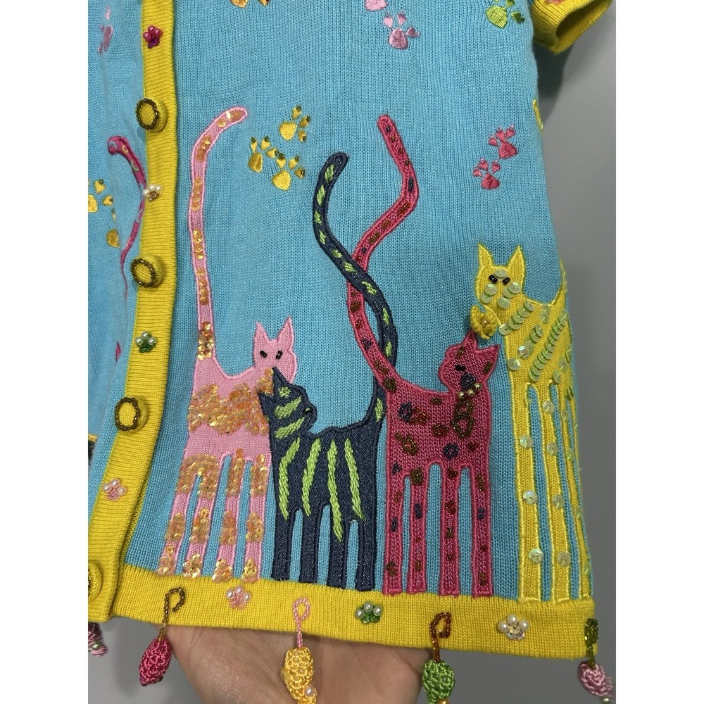 Vtg Berek Short Sleeve Knit Cat Novelty Cardigan Sweater Sz S Dangle Mice Beaded - Picture 7 of 12